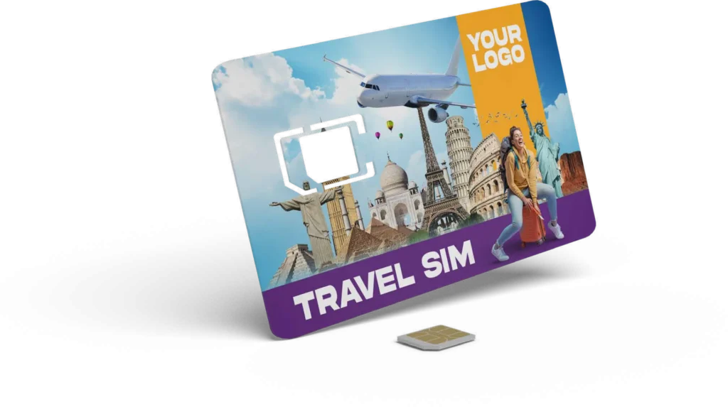 White-label Physical Travel SIM card with custom branding showing world landmarks